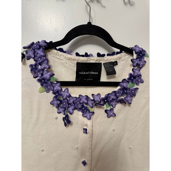 Vintage Michael Simon White Embellished Cardigan Spunsilk Blend Floral PLUS 3X - Picture 3 of 8